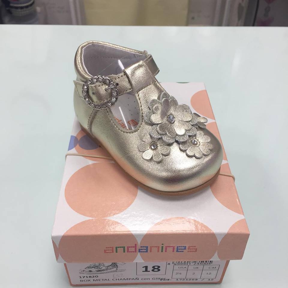 Andanines Girls Gold T Bar Shoe Little Boppers