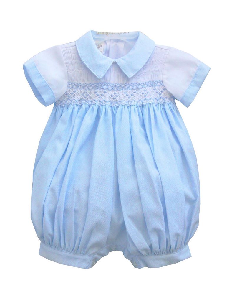 Pretty Originals Blue And White Smocked Romper | Little Boppers