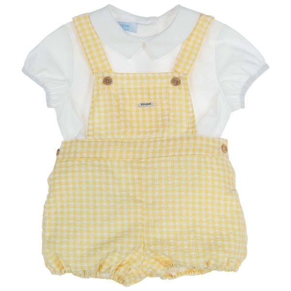 0038145 foque baby boys gingham dungaree blouse set white yellow