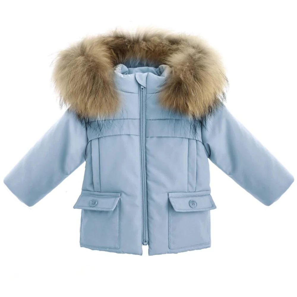 BUFI Boys Natural Colour Fur Trim Pale Blue Hooded Padded Jacket Little Boppers