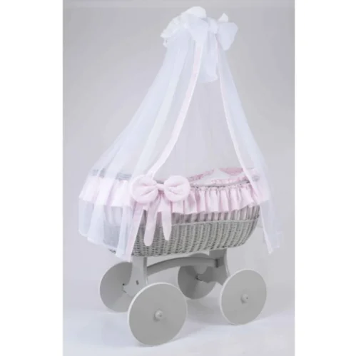 MJ Marks Ophelia Grey and Pink Wicker Crib with Drapes Little Boppers